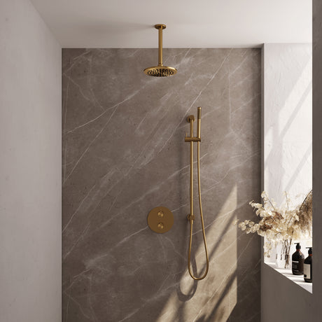 BRAUER Gold Edition thermostatische inbouw regendouche 3-weg rond SET 89 met 20 cm douchekop en plafondarm en staaf handdouche en doucheslang en geÃ¯ntegreerde glijstang goud geborsteld PVD 5-GG-283