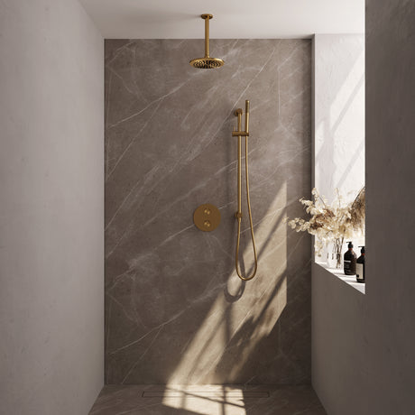BRAUER Gold Edition thermostatische inbouw regendouche 3-weg rond SET 89 met 20 cm douchekop en plafondarm en staaf handdouche en doucheslang en geÃ¯ntegreerde glijstang goud geborsteld PVD 5-GG-283