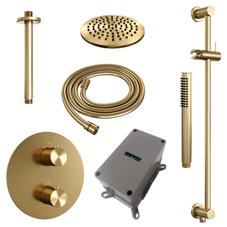 BRAUER Gold Edition thermostatische inbouw regendouche 3-weg rond SET 89 met 20 cm douchekop en plafondarm en staaf handdouche en doucheslang en geÃ¯ntegreerde glijstang goud geborsteld PVD 5-GG-283