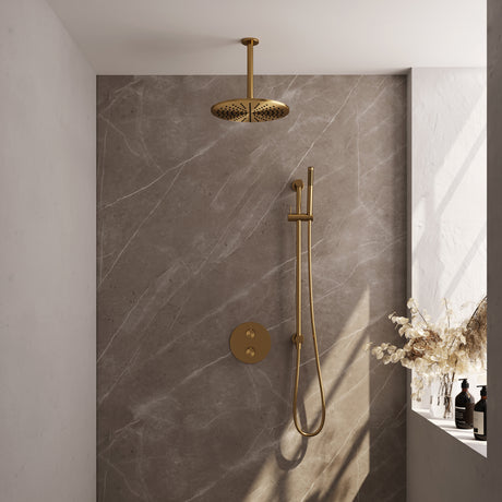 BRAUER Gold Edition thermostatische inbouw regendouche 3-weg rond SET 90 met 30 cm douchekop en plafondarm en staaf handdouche en doucheslang en geÃ¯ntegreerde glijstang goud geborsteld PVD 5-GG-284