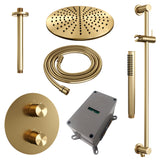 BRAUER Gold Edition thermostatische inbouw regendouche 3-weg rond SET 90 met 30 cm douchekop en plafondarm en staaf handdouche en doucheslang en geÃ¯ntegreerde glijstang goud geborsteld PVD 5-GG-284