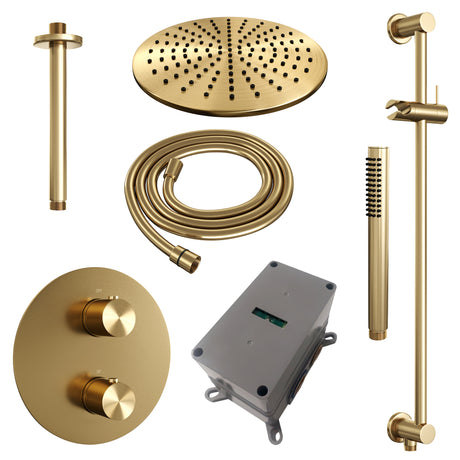 BRAUER Gold Edition thermostatische inbouw regendouche 3-weg rond SET 90 met 30 cm douchekop en plafondarm en staaf handdouche en doucheslang en geÃ¯ntegreerde glijstang goud geborsteld PVD 5-GG-284