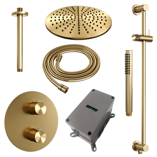 BRAUER Gold Edition thermostatische inbouw regendouche 3-weg rond SET 90 met 30 cm douchekop en plafondarm en staaf handdouche en doucheslang en geÃ¯ntegreerde glijstang goud geborsteld PVD 5-GG-284