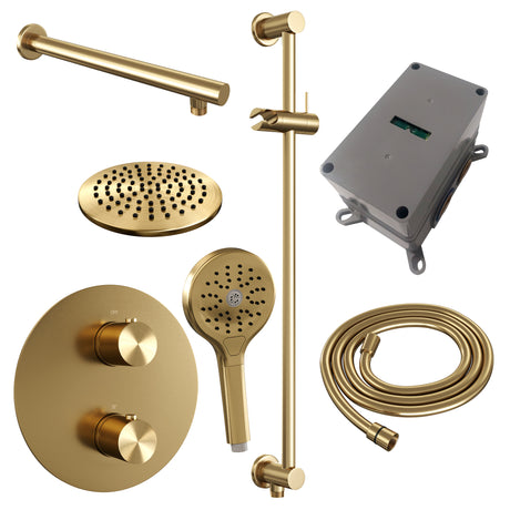 BRAUER Gold Edition thermostatische inbouw regendouche 3-weg rond SET 91 met 20 cm douchekop en rechte muurarm en 3-standen handdouche en doucheslang en geÃ¯ntegreerde glijstang goud geborsteld PVD 5-GG-285