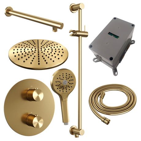 BRAUER Gold Edition thermostatische inbouw regendouche 3-weg rond SET 92 met 30 cm douchekop en rechte muurarm en 3-standen handdouche en doucheslang en geÃ¯ntegreerde glijstang goud geborsteld PVD 5-GG-286