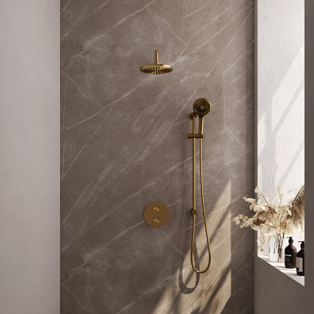 BRAUER Gold Edition thermostatische inbouw regendouche 3-weg rond SET 93 met 20 cm douchekop en gebogen muurarm en 3-standen handdouche en doucheslang en geÃ¯ntegreerde glijstang goud geborsteld PVD 5-GG-287
