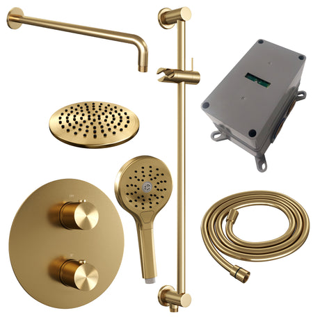 BRAUER Gold Edition thermostatische inbouw regendouche 3-weg rond SET 93 met 20 cm douchekop en gebogen muurarm en 3-standen handdouche en doucheslang en geÃ¯ntegreerde glijstang goud geborsteld PVD 5-GG-287