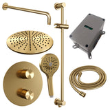 BRAUER Gold Edition thermostatische inbouw regendouche 3-weg rond SET 94 met 30 cm douchekop en gebogen muurarm en 3-standen handdouche en doucheslang en geÃ¯ntegreerde glijstang goud geborsteld PVD 5-GG-288