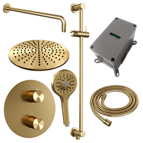 BRAUER Gold Edition thermostatische inbouw regendouche 3-weg rond SET 94 met 30 cm douchekop en gebogen muurarm en 3-standen handdouche en doucheslang en geÃ¯ntegreerde glijstang goud geborsteld PVD 5-GG-288
