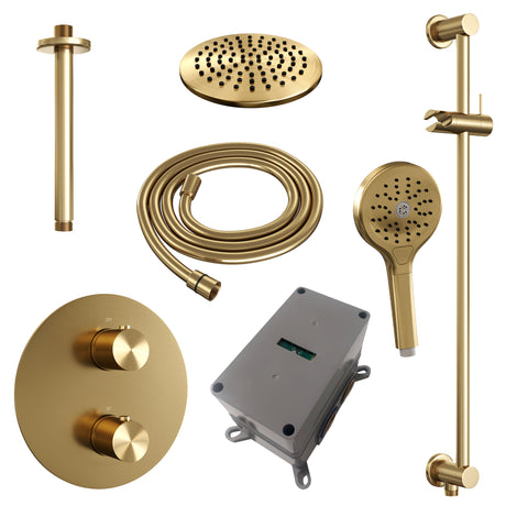BRAUER Gold Edition thermostatische inbouw regendouche 3-weg rond SET 95 met 20 cm douchekop en plafondarm en 3-standen handdouche en doucheslang en geÃ¯ntegreerde glijstang goud geborsteld PVD 5-GG-289