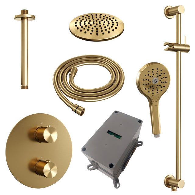 BRAUER Gold Edition thermostatische inbouw regendouche 3-weg rond SET 95 met 20 cm douchekop en plafondarm en 3-standen handdouche en doucheslang en geÃ¯ntegreerde glijstang goud geborsteld PVD 5-GG-289