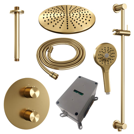 BRAUER Gold Edition thermostatische inbouw regendouche 3-weg rond SET 96 met 30 cm douchekop en plafondarm en 3-standen handdouche en doucheslang en geÃ¯ntegreerde glijstang goud geborsteld PVD 5-GG-290