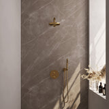BRAUER Gold Carving thermostatische inbouw regendouche 3-weg rond SET 73 met 20 cm douchekop en rechte muurarm en staaf handdouche en doucheslang en wandaansluitbocht goud geborsteld PVD 5-GG-291