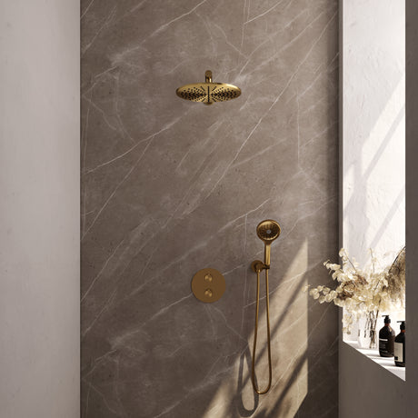 BRAUER Gold Carving thermostatische inbouw regendouche 3-weg rond SET 80 met 30 cm douchekop en rechte muurarm en 3-standen handdouche en doucheslang en wandaansluitbocht goud geborsteld PVD 5-GG-298