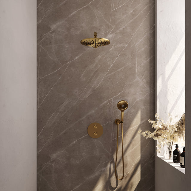 BRAUER Gold Carving thermostatische inbouw regendouche 3-weg rond SET 80 met 30 cm douchekop en rechte muurarm en 3-standen handdouche en doucheslang en wandaansluitbocht goud geborsteld PVD 5-GG-298