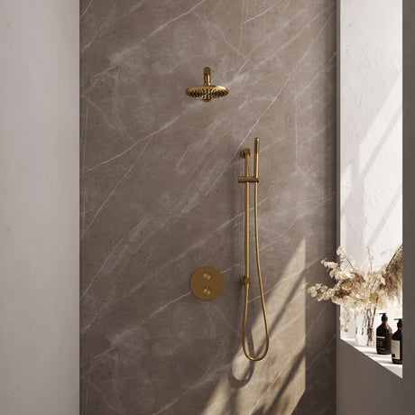 BRAUER Gold Carving thermostatische inbouw regendouche 3-weg rond SET 85 met 20 cm douchekop en rechte muurarm en staaf handdouche en doucheslang en geÃ¯ntegreerde glijstang goud geborsteld PVD 5-GG-303