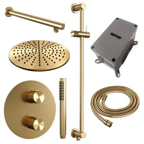 BRAUER Gold Carving thermostatische inbouw regendouche 3-weg rond SET 86 met 30 cm douchekop en rechte muurarm en staaf handdouche en doucheslang en geÃ¯ntegreerde glijstang goud geborsteld PVD 5-GG-304