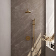 BRAUER Gold Carving thermostatische inbouw regendouche 3-weg rond SET 87 met 20 cm douchekop en gebogen muurarm en staaf handdouche en doucheslang en geÃ¯ntegreerde glijstang goud geborsteld PVD 5-GG-305