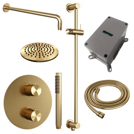 BRAUER Gold Carving thermostatische inbouw regendouche 3-weg rond SET 87 met 20 cm douchekop en gebogen muurarm en staaf handdouche en doucheslang en geÃ¯ntegreerde glijstang goud geborsteld PVD 5-GG-305