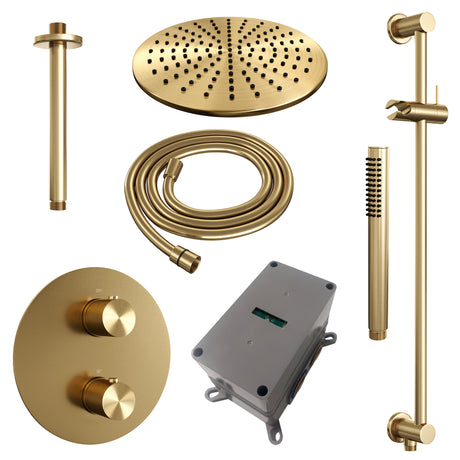 BRAUER Gold Carving thermostatische inbouw regendouche 3-weg rond SET 90 met 30 cm douchekop en plafondarm en staaf handdouche en doucheslang en geÃ¯ntegreerde glijstang goud geborsteld PVD 5-GG-308