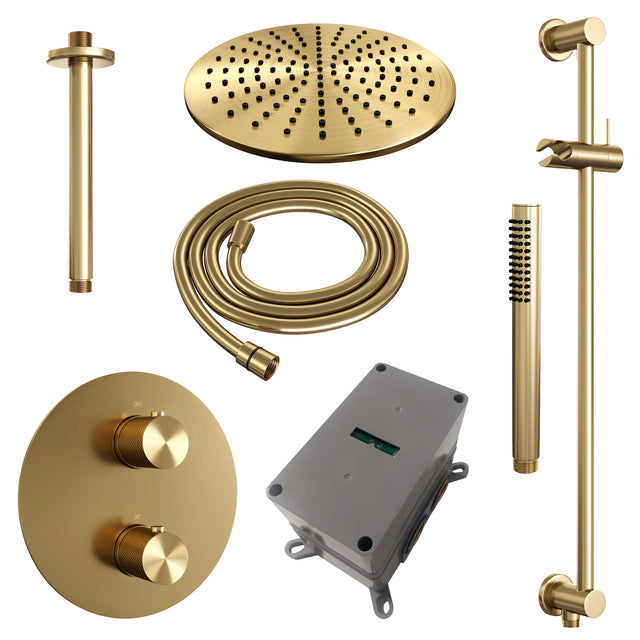 BRAUER Gold Carving thermostatische inbouw regendouche 3-weg rond SET 90 met 30 cm douchekop en plafondarm en staaf handdouche en doucheslang en geÃ¯ntegreerde glijstang goud geborsteld PVD 5-GG-308
