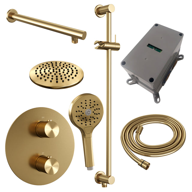 BRAUER Gold Carving thermostatische inbouw regendouche 3-weg rond SET 91 met 20 cm douchekop en rechte muurarm en 3-standen handdouche en doucheslang en geÃ¯ntegreerde glijstang goud geborsteld PVD 5-GG-309