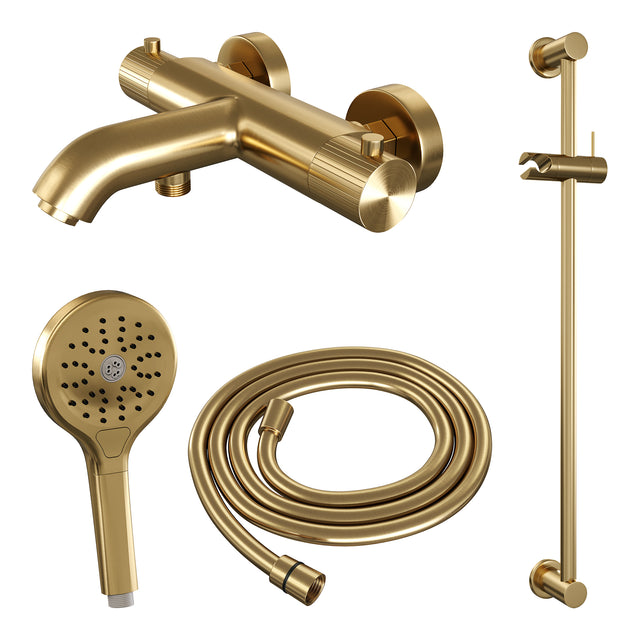 BRAUER Stripe opbouw baddouche thermostaatkraan SET 02 met glijstang en 3-standen handdouche en doucheslang goud geborsteld PVD 5-GG-341