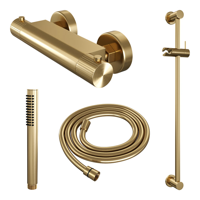 BRAUER Stripe opbouw douche thermostaatkraan SET 01 met glijstang en staaf handdouche en doucheslang goud geborsteld PVD 5-GG-345