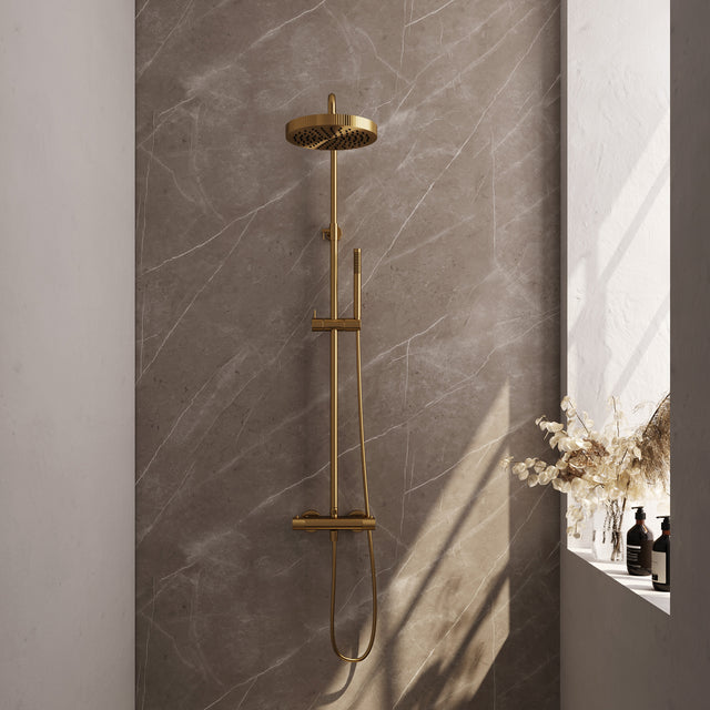BRAUER Stripe opbouw thermostatische regendouche SET 01 met 25 cm hoofddouche en staaf handdouche en doucheslang goud geborsteld PVD 5-GG-348