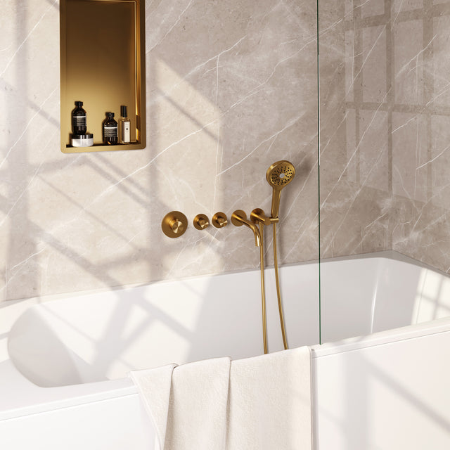 BRAUER Stripe thermostatische inbouw badkraan SET 02 met uitloop en 3-standen handdouche en doucheslang en wandaansluitbocht goud geborsteld PVD 5-GG-358