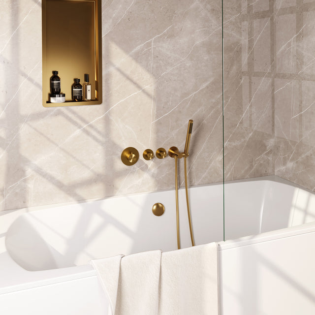 BRAUER Stripe thermostatische inbouw badkraan SET 01 met badvulcombinatie en staaf handdouche en doucheslang en wandaansluitbocht goud geborsteld PVD 5-GG-359