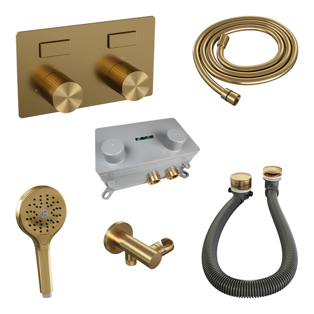 BRAUER Stripe thermostatische inbouw badkraan met drukknoppen SET 04 met badvulcombinatie en 3-standen handdouche en doucheslang en wandaansluitbocht goud geborsteld PVD 5-GG-362