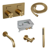BRAUER Stripe thermostatische inbouw badkraan met drukknoppen SET 03 met uitloop en staaf handdouche en doucheslang en wandaansluitbocht goud geborsteld PVD 5-GG-363