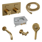 BRAUER Stripe thermostatische inbouw badkraan met drukknoppen SET 04 met uitloop en 3-standen handdouche en doucheslang en wandaansluitbocht goud geborsteld PVD 5-GG-364
