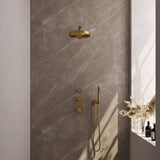 BRAUER Stripe thermostatische inbouw regendouche SET 01 met 25 cm douchekop en rechte muurarm en staaf handdouche en doucheslang en wandaansluitbocht goud geborsteld PVD 5-GG-365