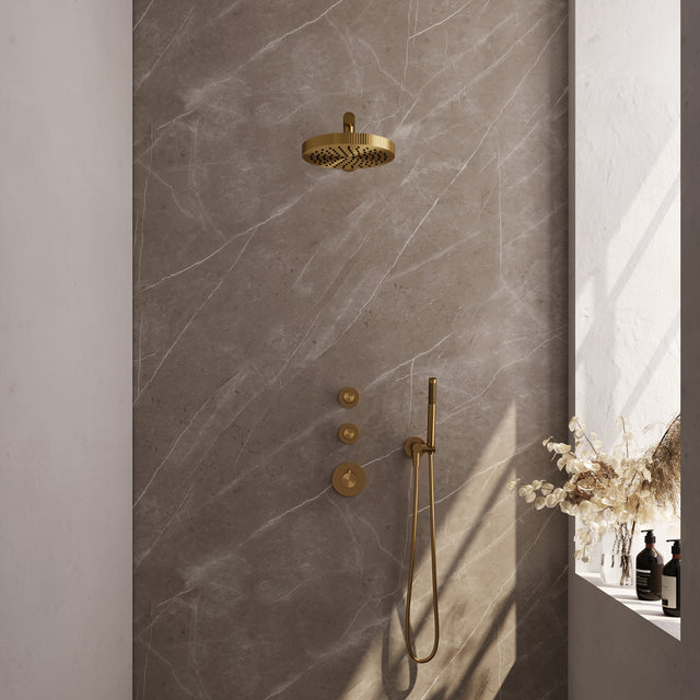 BRAUER Stripe thermostatische inbouw regendouche SET 01 met 25 cm douchekop en rechte muurarm en staaf handdouche en doucheslang en wandaansluitbocht goud geborsteld PVD 5-GG-365