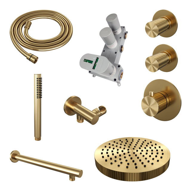 BRAUER Stripe thermostatische inbouw regendouche SET 01 met 25 cm douchekop en rechte muurarm en staaf handdouche en doucheslang en wandaansluitbocht goud geborsteld PVD 5-GG-365