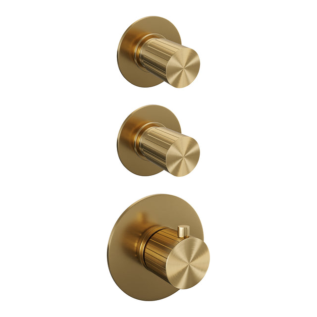 BRAUER Stripe thermostatische inbouw regendouche SET 02 met 25 cm douchekop en gebogen muurarm en staaf handdouche en doucheslang en wandaansluitbocht goud geborsteld PVD 5-GG-367