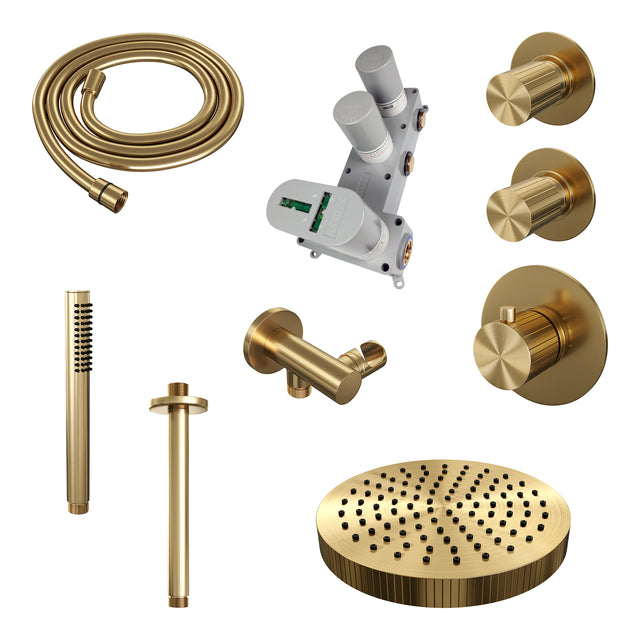 BRAUER Stripe thermostatische inbouw regendouche SET 03 met 25 cm douchekop en plafondarm en staaf handdouche en doucheslang en wandaansluitbocht goud geborsteld PVD 5-GG-369