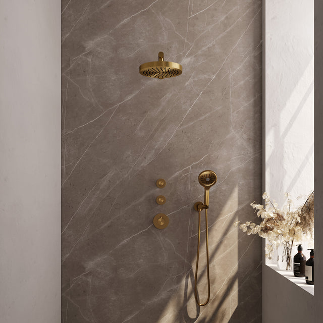 BRAUER Stripe thermostatische inbouw regendouche SET 04 met 25 cm douchekop en rechte muurarm en 3-standen handdouche en doucheslang en wandaansluitbocht goud geborsteld PVD 5-GG-371