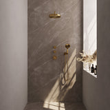 BRAUER Stripe thermostatische inbouw regendouche SET 05 met 25 cm douchekop en gebogen muurarm en 3-standen handdouche en doucheslang en wandaansluitbocht goud geborsteld PVD 5-GG-373