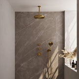 BRAUER Stripe thermostatische inbouw regendouche SET 06 met 25 cm douchekop en plafondarm en 3-standen handdouche en doucheslang en wandaansluitbocht goud geborsteld PVD 5-GG-375