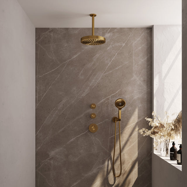 BRAUER Stripe thermostatische inbouw regendouche SET 06 met 25 cm douchekop en plafondarm en 3-standen handdouche en doucheslang en wandaansluitbocht goud geborsteld PVD 5-GG-375