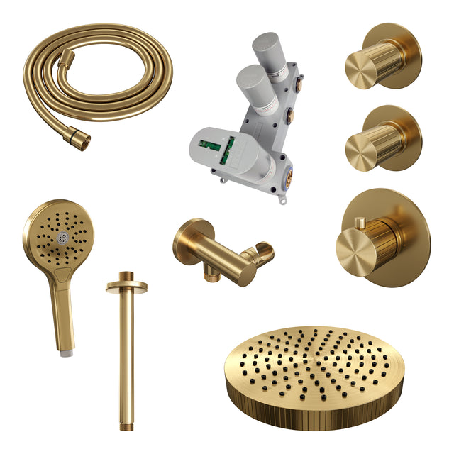 BRAUER Stripe thermostatische inbouw regendouche SET 06 met 25 cm douchekop en plafondarm en 3-standen handdouche en doucheslang en wandaansluitbocht goud geborsteld PVD 5-GG-375