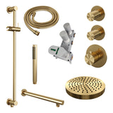 BRAUER Stripe thermostatische inbouw regendouche SET 07 met 25 cm douchekop en rechte muurarm en staaf handdouche en doucheslang en geïntegreerde glijstang goud geborsteld PVD 5-GG-377