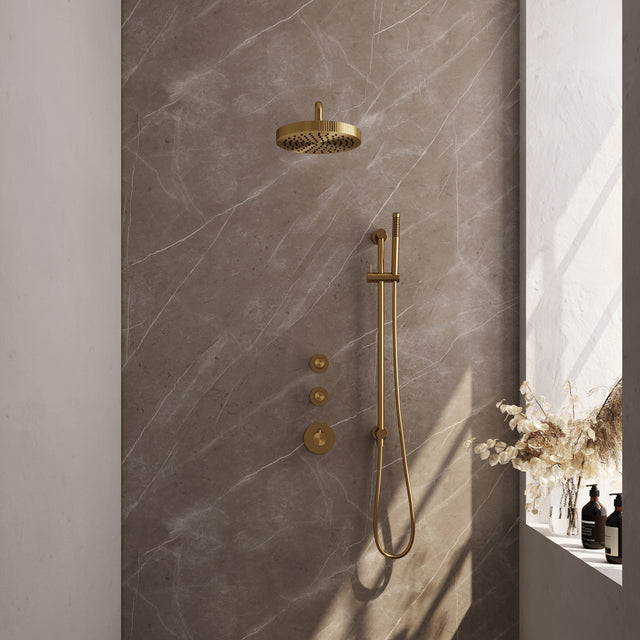 BRAUER Stripe thermostatische inbouw regendouche SET 08 met 25 cm douchekop en gebogen muurarm en staaf handdouche en doucheslang en geïntegreerde glijstang goud geborsteld PVD 5-GG-379