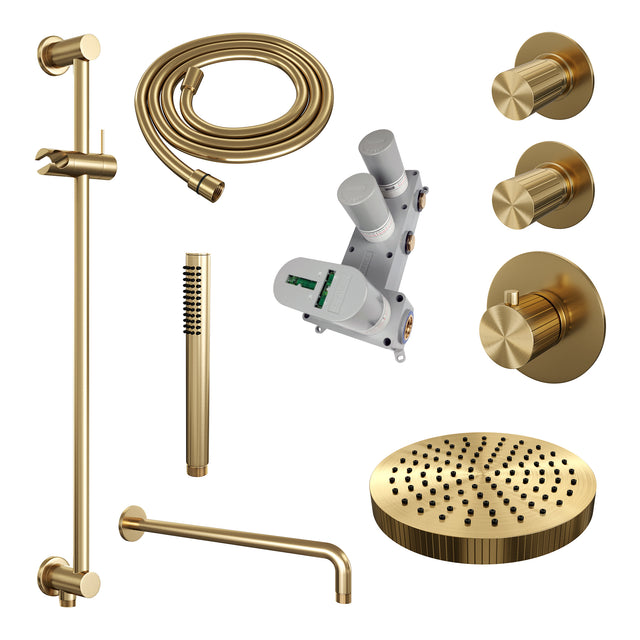 BRAUER Stripe thermostatische inbouw regendouche SET 08 met 25 cm douchekop en gebogen muurarm en staaf handdouche en doucheslang en geïntegreerde glijstang goud geborsteld PVD 5-GG-379