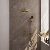 BRAUER Stripe thermostatische inbouw regendouche SET 11 met 25 cm douchekop en gebogen muurarm en 3-standen handdouche en doucheslang en geïntegreerde glijstang goud geborsteld PVD 5-GG-385