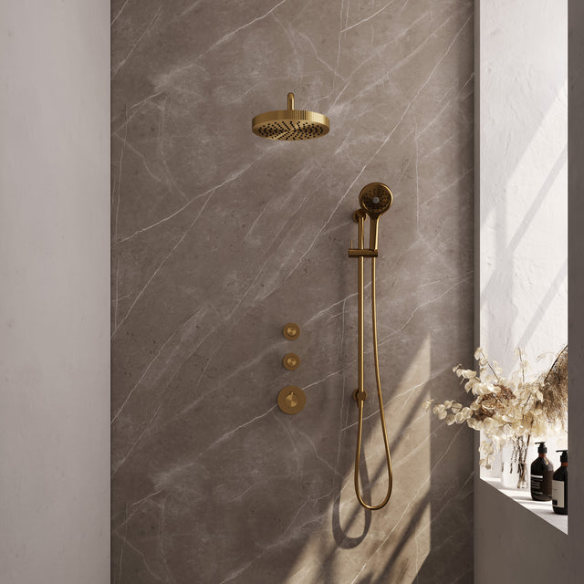 BRAUER Stripe thermostatische inbouw regendouche SET 11 met 25 cm douchekop en gebogen muurarm en 3-standen handdouche en doucheslang en geïntegreerde glijstang goud geborsteld PVD 5-GG-385