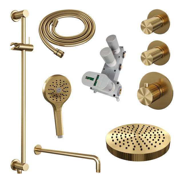 BRAUER Stripe thermostatische inbouw regendouche SET 11 met 25 cm douchekop en gebogen muurarm en 3-standen handdouche en doucheslang en geïntegreerde glijstang goud geborsteld PVD 5-GG-385
